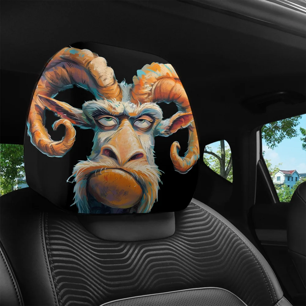 Cartoon Goat Oil Painting Style Car Headrest Covers 2Pcs Universal Fit Washable Easy Installation Unique Auto Interior Decor
