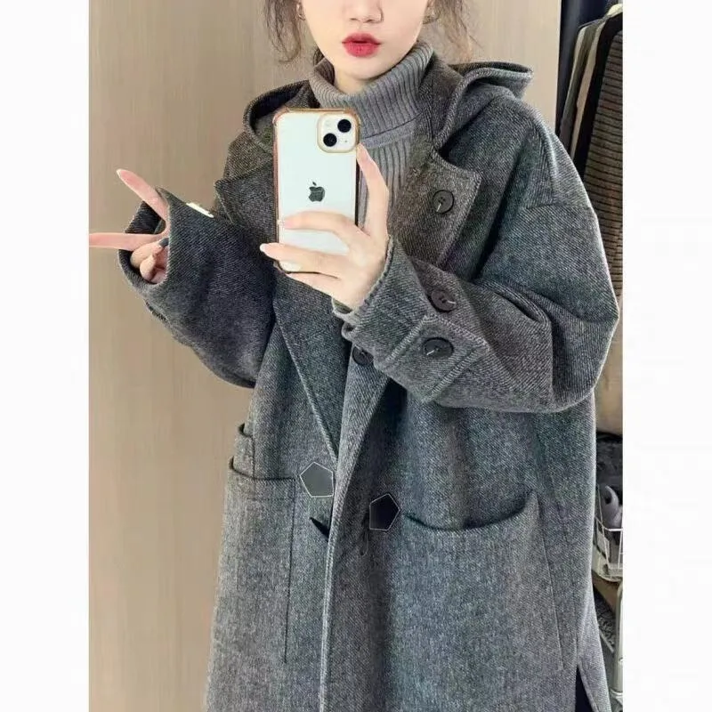 프레피 스타일 두꺼운 롱 울 코트 여성 2025 겨울 한국 패션 포켓 트렌치 재킷 여성 Y2K 아우터 캐주얼 코트