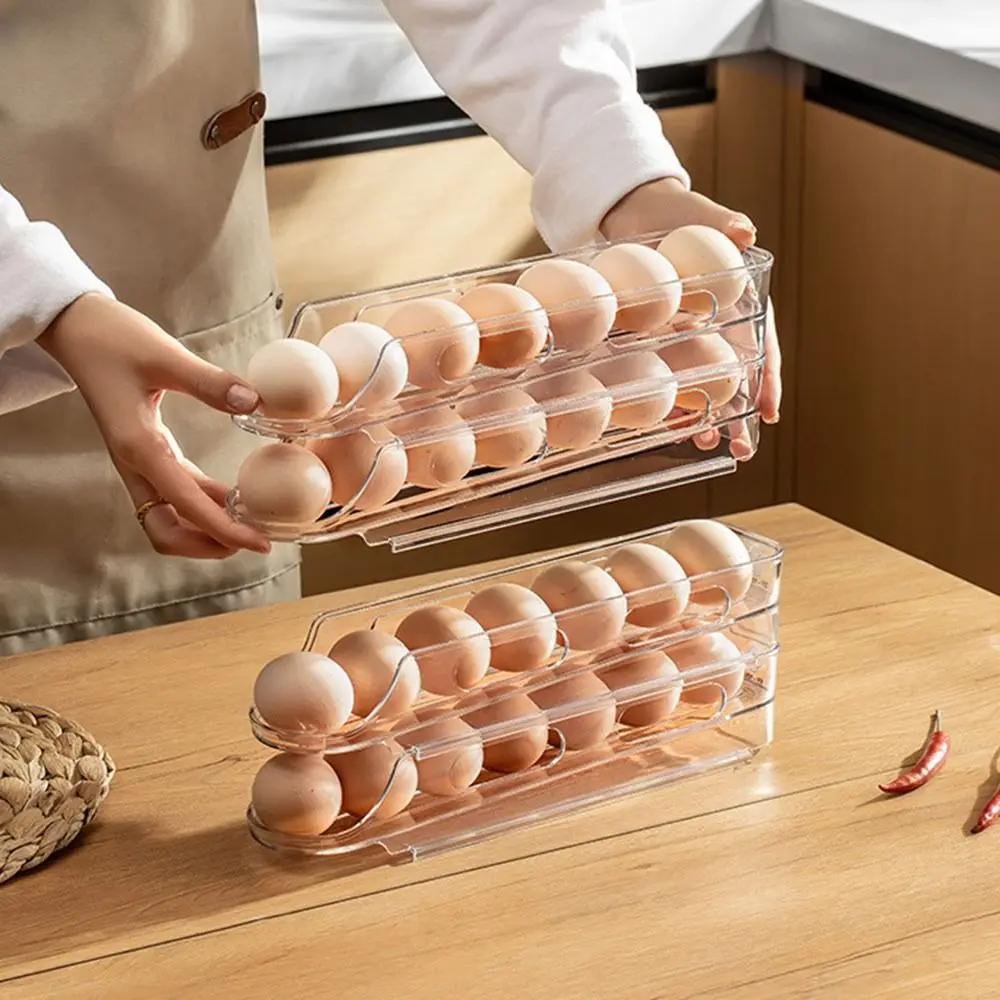 2/3 طبقة حامل البيض التمرير تكويم الفضاء توفير البيض موزع التلقائي سعة كبيرة صندوق تخزين البيض الثلاجة