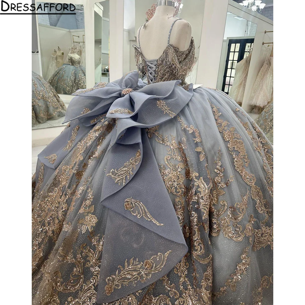 Gray Floral Applique Quinceanera Dresses Graduation Ball Gown With Bow Beads vestidos de 15 quinceañera Customized