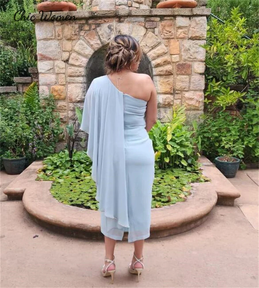 Fashion Blue Mother Of The Bride Dress 2023 Tea Length Chiffon Midi Evening Party Dresses Elegant Groom Mom Wedding Guest Wear