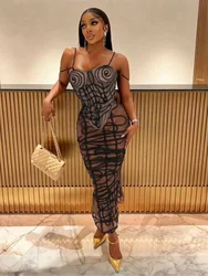 Leosoxs See Through Sexy 2 Piece Set Women Coquette Stripe Print Camisole+Long Skirts Midnight Clubwear Party Matching Suits