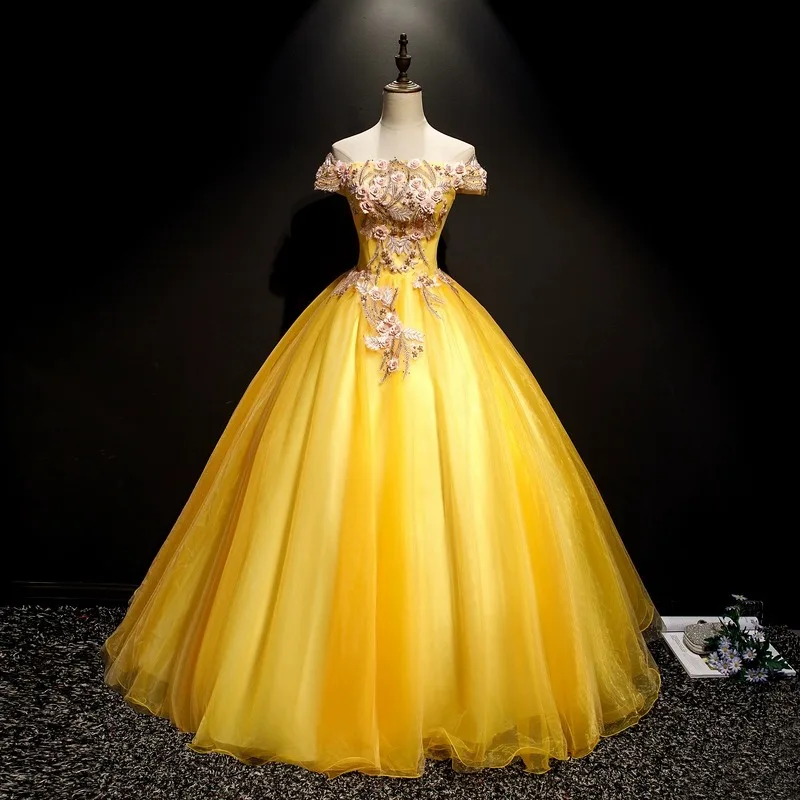 Golden Ball Gown Quinceanera Dresses Tulle Appliques Off Shoulder Prom Birthday Party Gowns Vestido De Noche robes de soirée