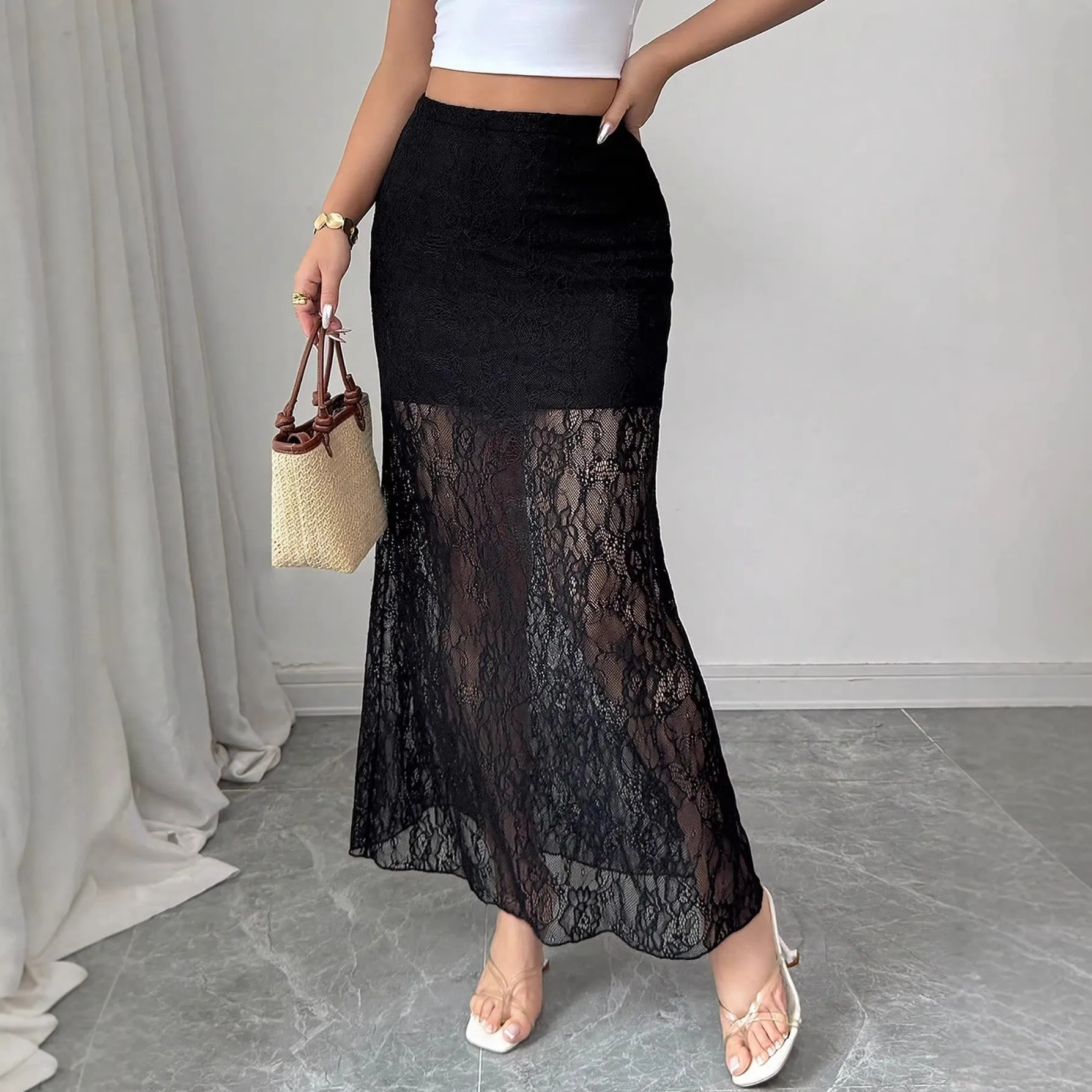 Spring Summer 2026 High Waist Lace Fashion Slim Fit Bodycon See through Half Skirt Women's Clothing Cross Border Style