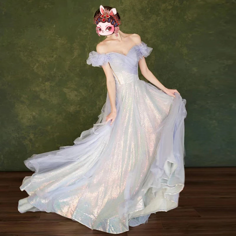 

Princ Sle Purple One-oulder Evening Gown Wedding Dr Performance Costume Birthday ow Host Fairy T Mermaid