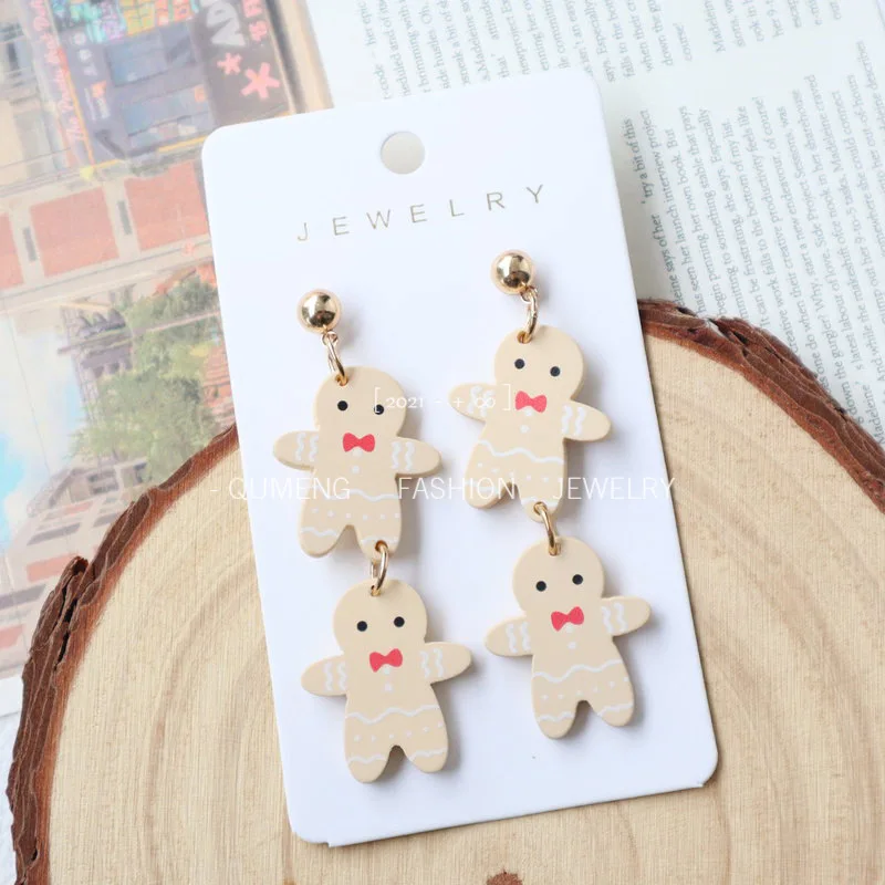 1 Pair Acrylic Christmas Gingerbread Man Studs Earrings for Woman Imitation Soft Ceramic Baking Paint Earring Jewelry Party Gift