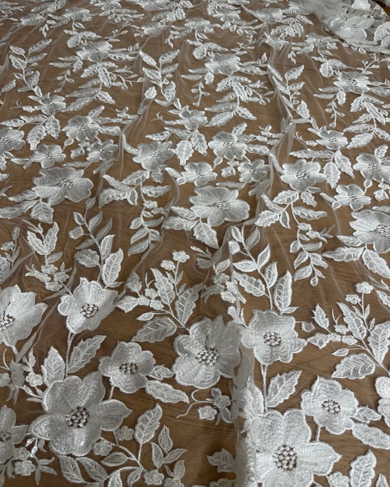 Flora New Style Off-White Embroidery Tulle Mesh French Wedding Dress Lace Fabric One Yard