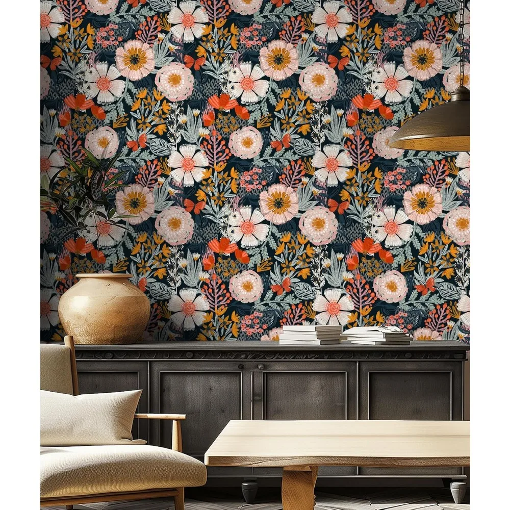 ورق جدران بوهيمي قابل للإزالة لغرفة النوم - ورق اتصال مزخرف قابل للتقشير واللصق باللون الوردي الداكن مقاس 17.3 بوصة × 32.8 قدم