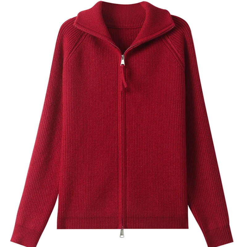 

Women's Double Zipper Knitted Open Cardigan Coat Flip Collar Outerwear Fashionable Autumn Winter Streetwear Sweater Top 2026
