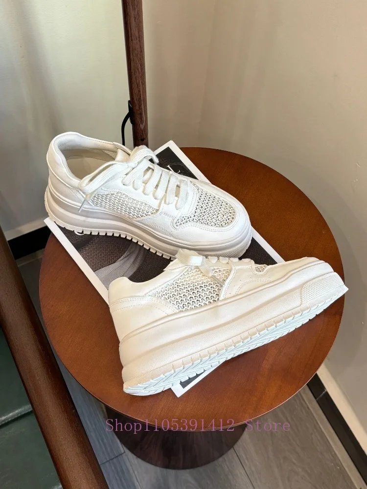 

6cm Thick-Sole Height-Enhancing Mesh Breathable Minimalist White Sneakers Women New Arrival Genuine Leather Casual Board Shoes