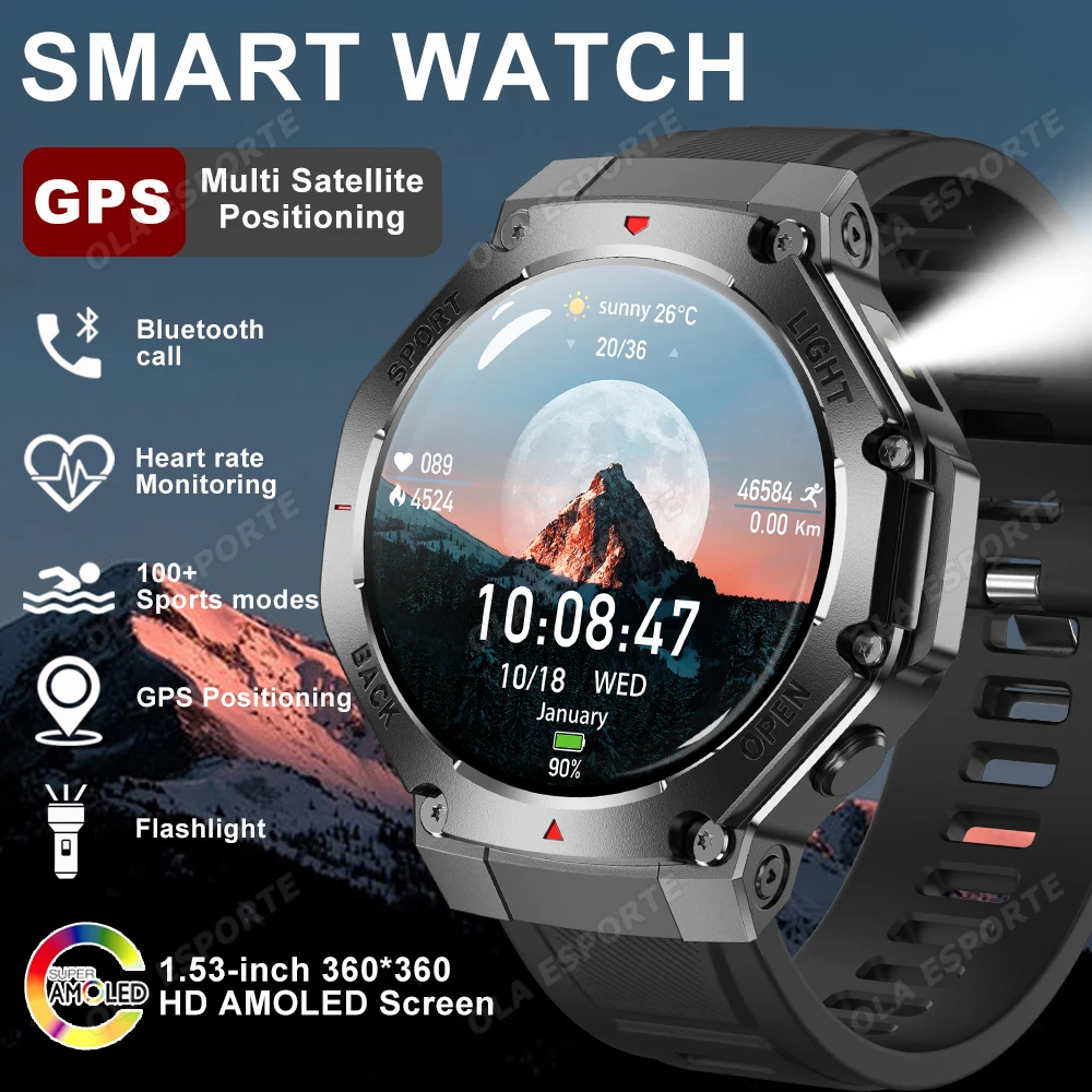 

Смарт-часы с GPS, трекер позиционирования, Bluetooth-вызов, вседневный мониторинг сердечного ритма, фитнес-часы, 100+ спортивных режимов, мужские умные часы