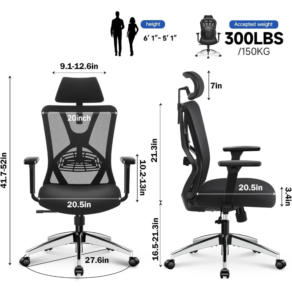كرسي مكتب مريح من Ticova - كرسي مكتب عالي الظهر مع دعم قطني قابل للتعديل ومسند للرأس ومسند للذراع ثلاثي الأبعاد - 130 ° شركة روكينج ميش #3