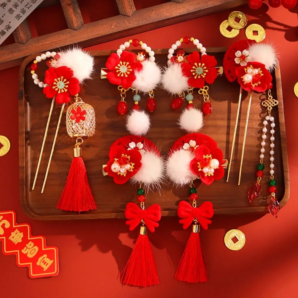 Ancient Style New Year Chinese Style Hairpin Set Red Pearl Hanfu Hair Stick for Buns Hair Chopstick Flower Hair Comb Women