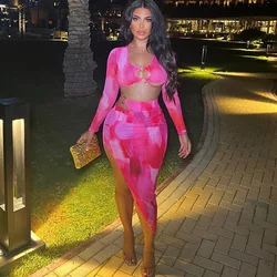 Sexy Cutout Print Two Piece Set Women Matching Sets Long Sleeve Metal Ring Crop Top High Split Midi Skirt Party Club Dress Sets