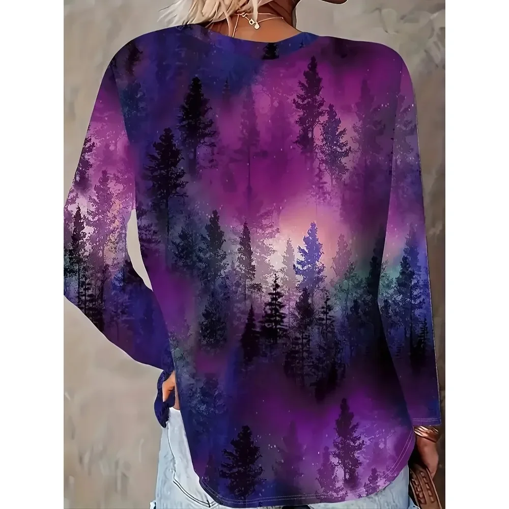 Plus Größe frauen Herbst Frühling Mode Langarm Wald Druck T-shirt Damen Casual Oansatz Herbst Frühling T-shirt Tops