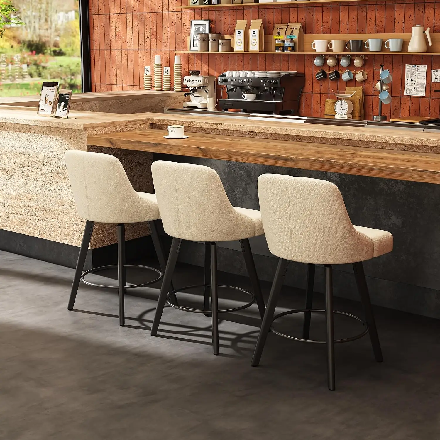 Swivel Bar Stools Set of 2, 25''H Cotton-Linen Counter Chairs with Thickened Cushion & Backrest for Kitchen Island Cafe Dining,