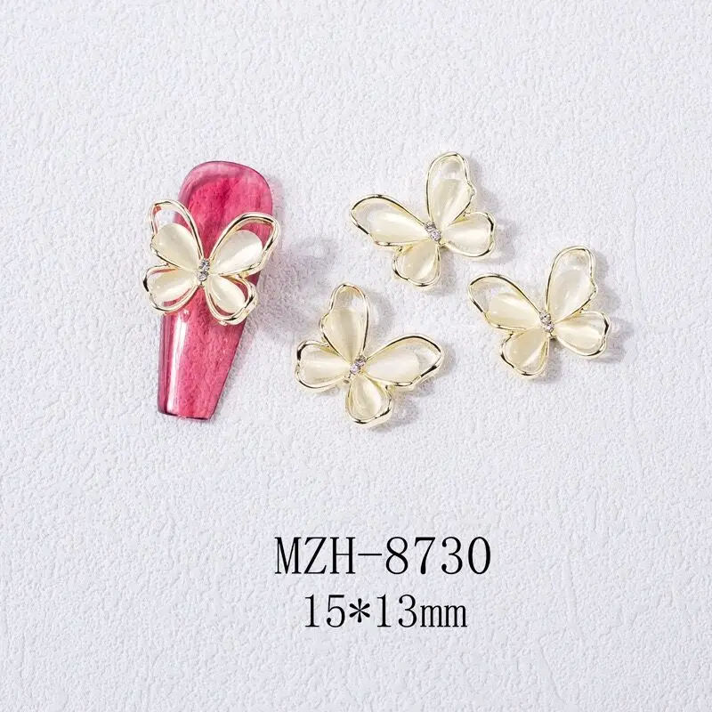 10 Pcs 3D Butterfly Nail Art Jewelry Charms Rose Gold/Silver/Gray Crystal Rhinestones 13*15mm Alloy Opal Nail Parts Accessories