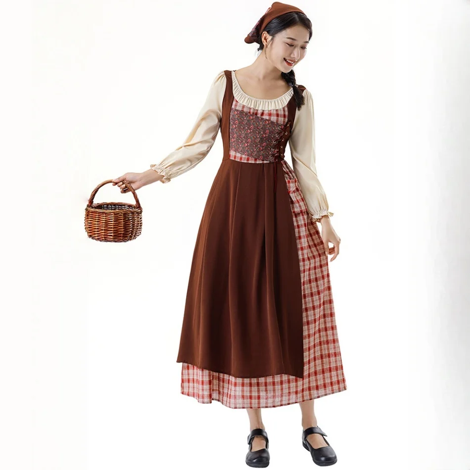 

Traditional Dirndl Costume Dress With Cream Long Sleeves And Ankle Length