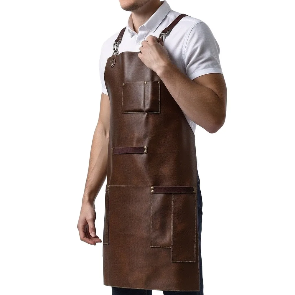 Waterproof PU Leather Apron Oil Resistant BBQ Grill Kitchen Chef=Bib With 3 Pockets For Cooking Baking Salon Stylish Brown Black