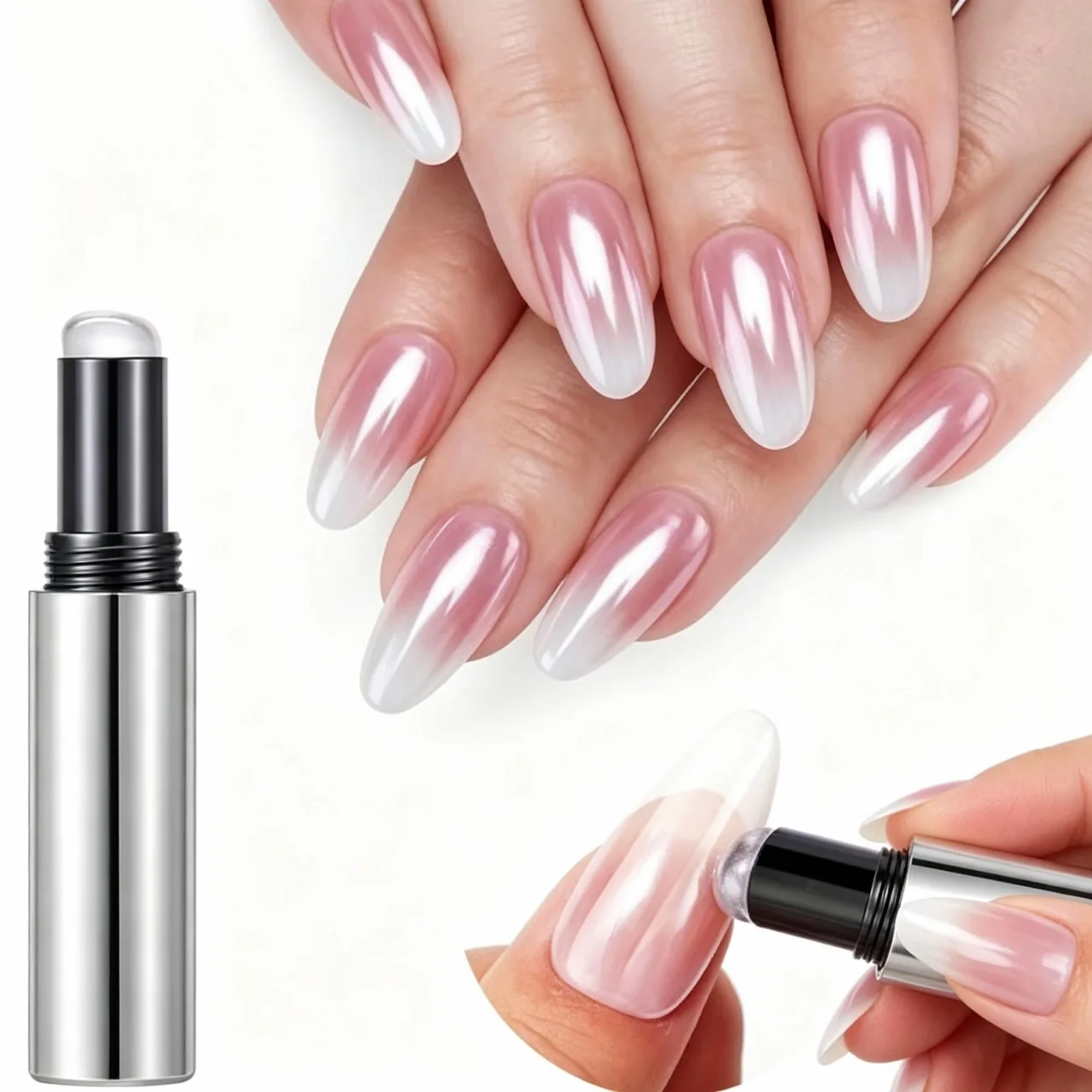 2026 New Nail Magic Powder Pen  2-in-1 Aurora Powder Silver Tube Metallic Mirror Chrome Effect for Nail Art Iridescent Pigment