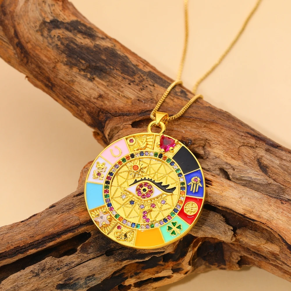 Juya 2022 Handwerk 18K Real Gold Plated Luxe Gem Enamel Fatima Hamsa Turkse Griekse Boze Oog Hanger Ketting Voor vrouwen Mannen