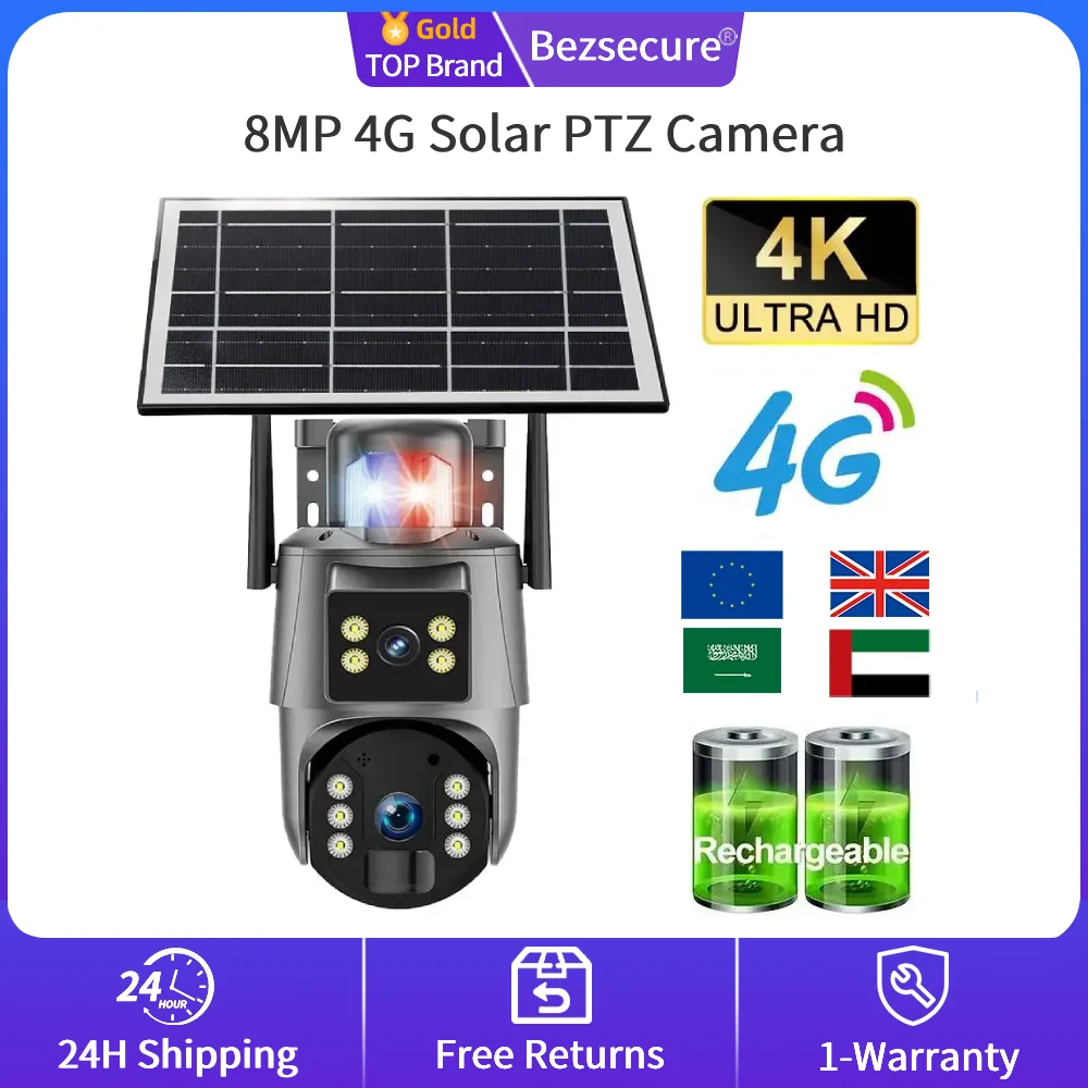

Securexpert 8MP 4G Solar PTZ Camera Dual Lens 24/7 Record AI Human Detection Color Night Vision Wireless Data Outdoor CCTV WiFi