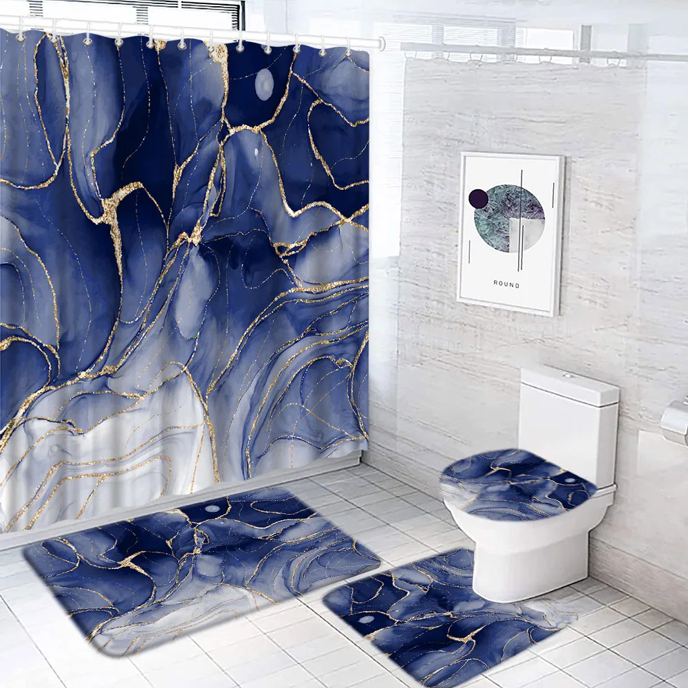 Abstract Marble Shower Curtain Set Gold Blue Textured Pattern Modern Luxury Home Bathroom Decor Non-Slip Rug Bath Mat Toilet Lid