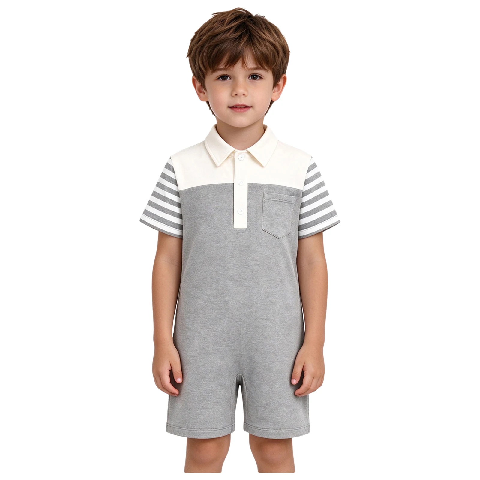 Boys Adaptive Jumpsuit Outdoor Colorblock Romper Lapel Button Romper Striped Short Sleeve Kids Summer Playsuit with Pocket