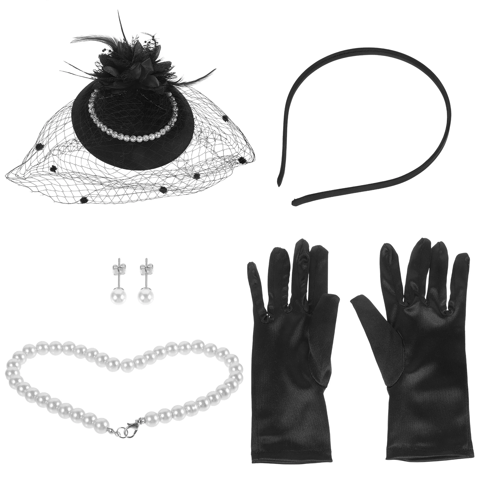 

Retro Pearl Hat Set for Women Tea Party Accessories 1920s Flapper Gloves Necklace Earrings Set Dinner Celebrities Headpiece Hair