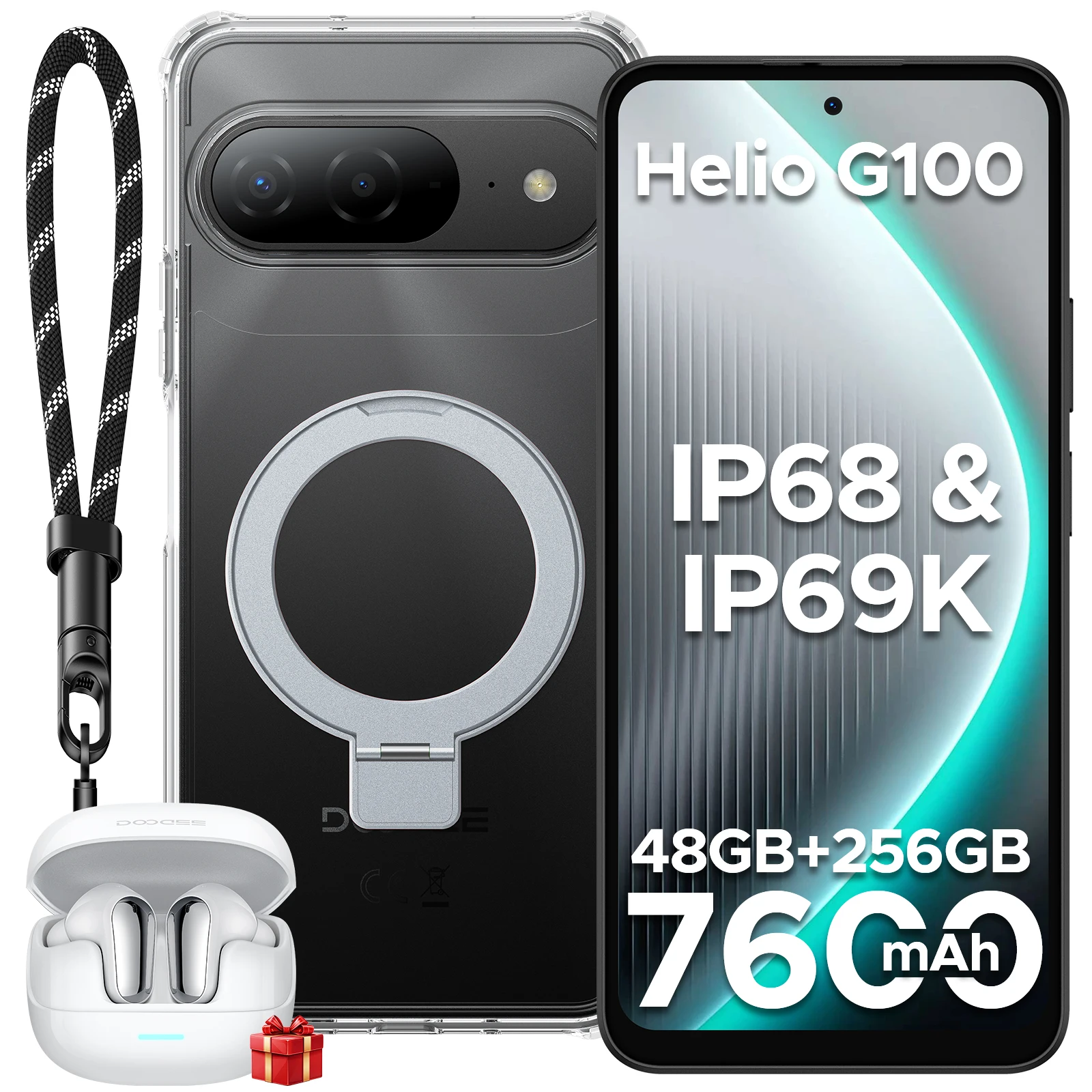 DOOGEE B10 Smartphone IP68 Waterdicht Android 16 6,63” Helio G100 7600mAh Batterij 48GB RAM(6+42) 256GB ROM Google Pay Ondersteunt