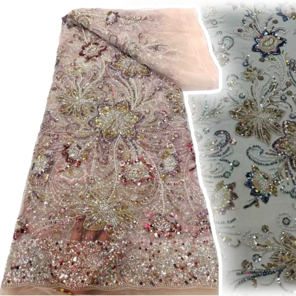 

High-Quality African Sequins Lace Fabric Embroidery Beaded Mesh for Women's Wedding Party Dresses Latest Design 5 Yards CC1370