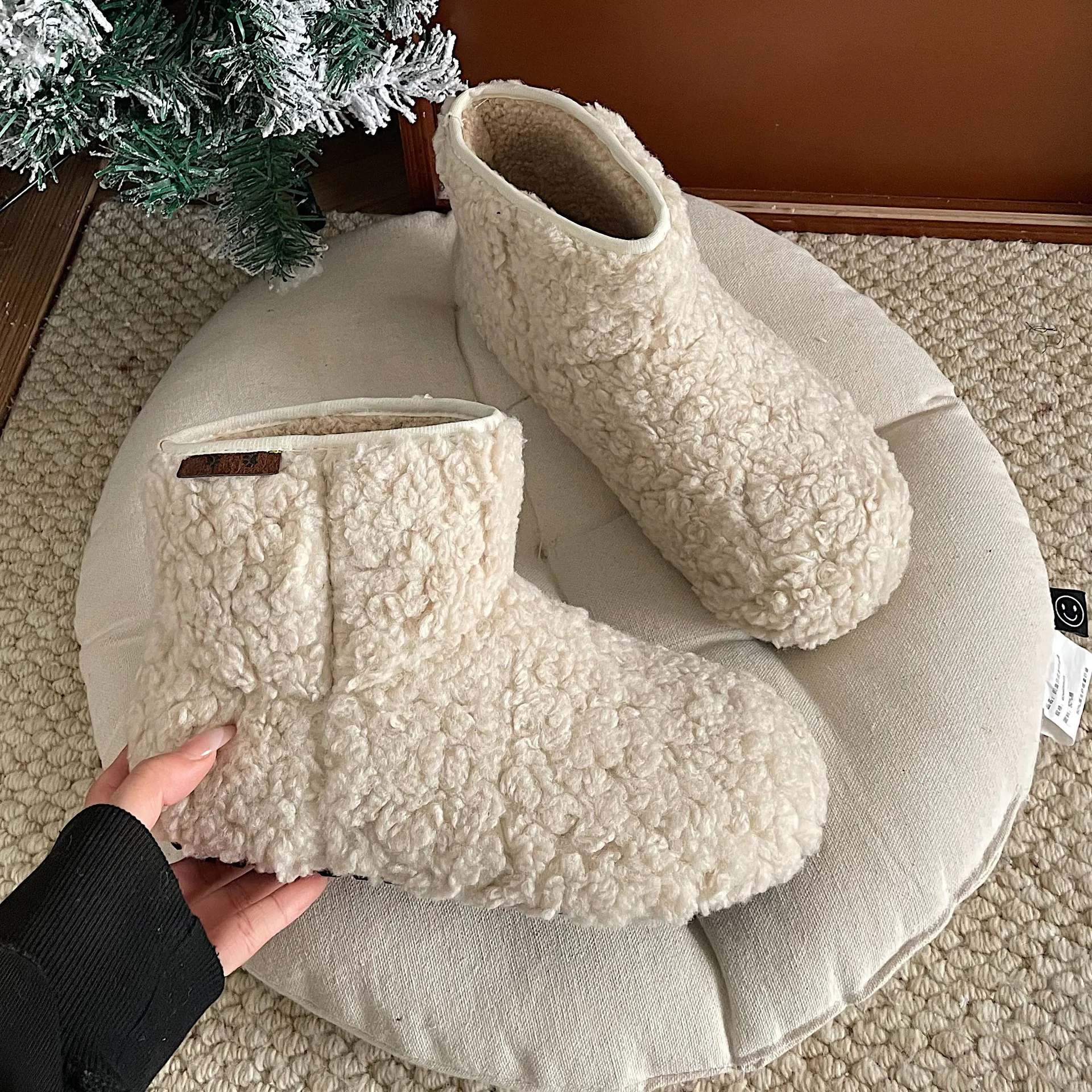 Women House Memory Foam Slippers Winter Indoor Flat Cotton Shoes Teddy Fleece Bedroom Sock Shoes with Soft Rubber Sole