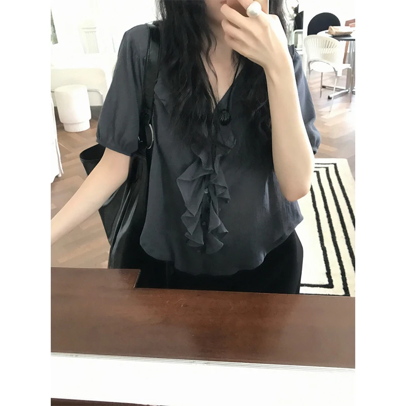 

MEXZT винтажные белые рубашки женские Harajuku с оборками в стиле пэчворк прозрачные блузки летние корейские повседневные топы с v-образным вырезом и короткими рукавами новые