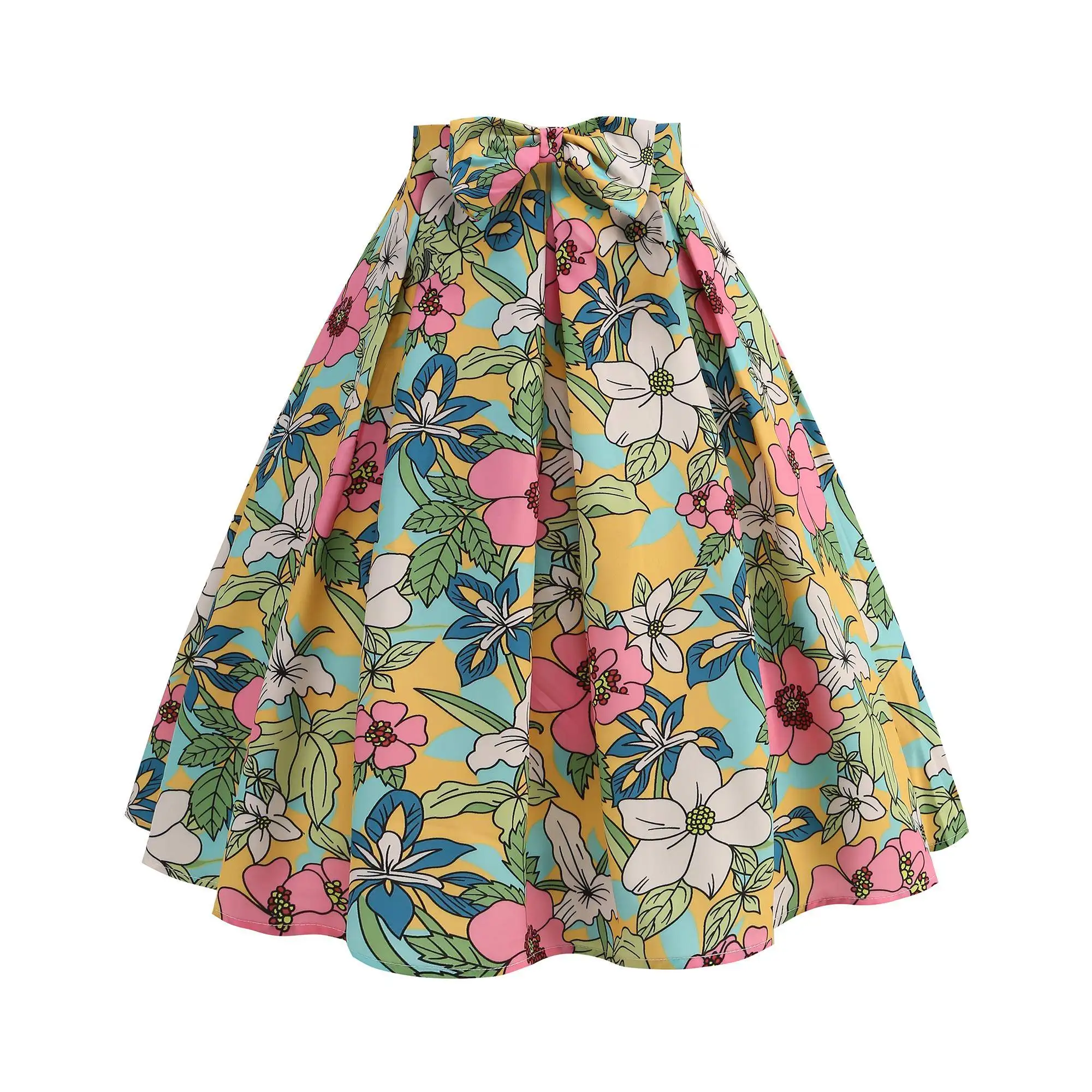 

Retro Hepburn Floral Knot Midi Skirt Women's Genteel Flaring A-Line Summer New Arrival Polyester High Waist Skirt