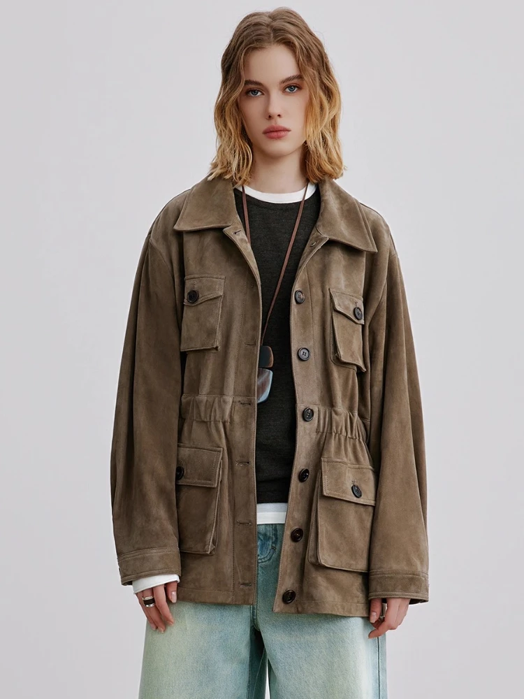 Damskie kurtki cargo vintage z prawdziwej skóry, jesienno-zimowe, eleganckie, proste, jednorzędowe, dopasowane płaszcze z prawdziwej skóry owczej z zamszu.