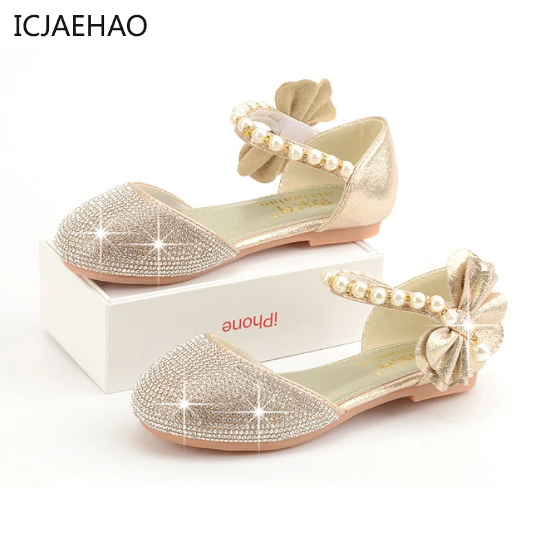 ICJAEHAO Wedding Party Shoes Kids Girls Bow Child Classic Sandals Gown Gold Pink Silver Princess Diamond Glitter Crystal Shoes