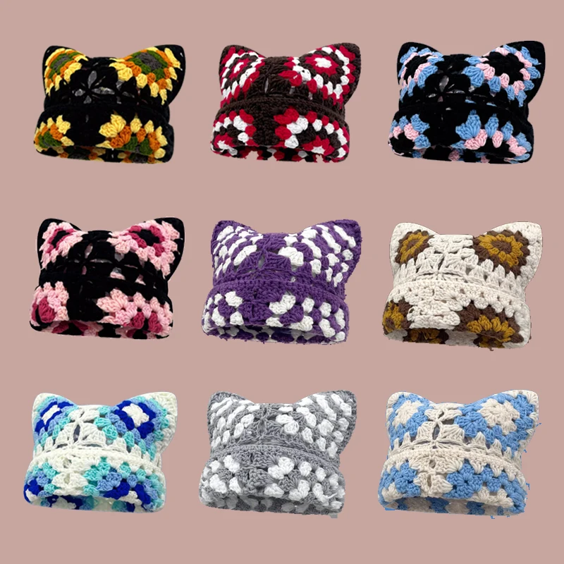 

Retro Colorful Grandmother Grid Square Cat Ear Handmade Knitted Beanie Cap Women's Autumn Winter Warm Sweet Casual Wool Hat