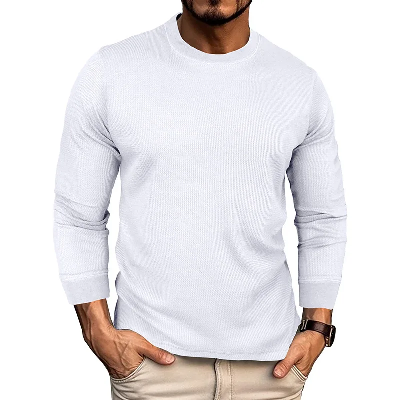 European and American Men's Autumn and Winter Outdoor Sports Round-neck Waffle Long-sleeved Base T-shirt Men's Solid Color Top