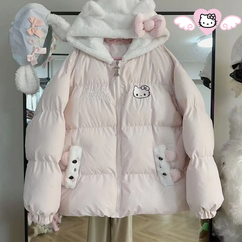 

Anime Winter Down Jacket Embroidery Coat Hello Kitty Cartoon Thicken Cotton Clothes Hooded Jacket Loose Warm Sweet Girls Tops