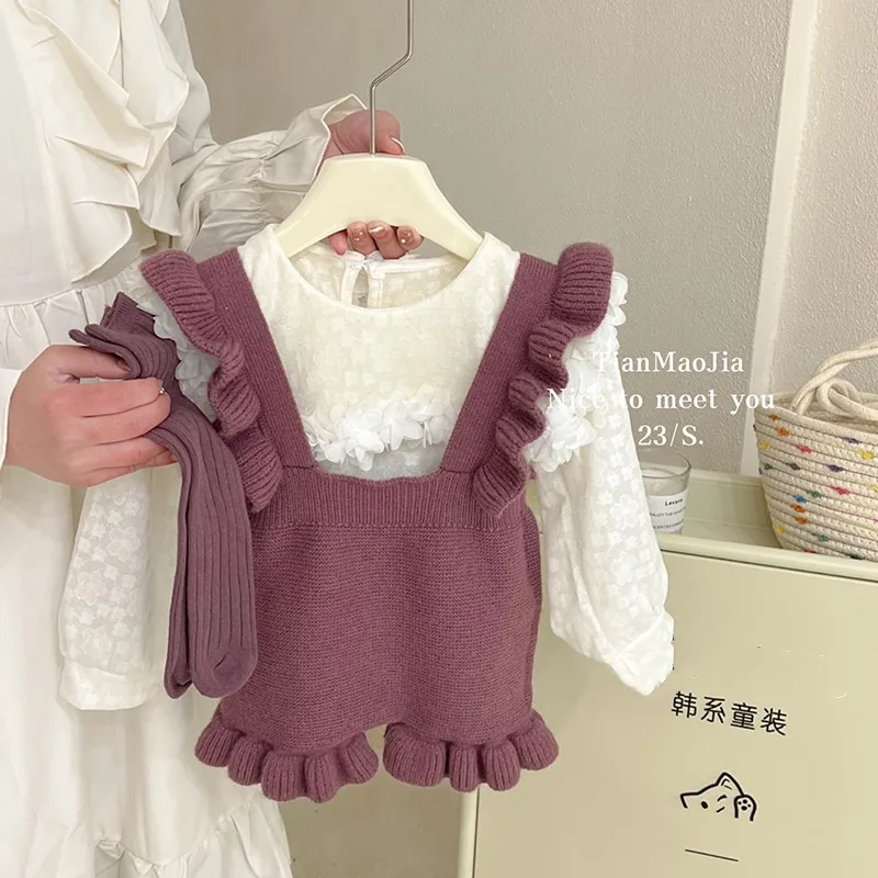 

Autumn New Girls Clothes Wool Suspender Pants Suit Children's Lace Lace Collar Shirt Suspender Pants Suit