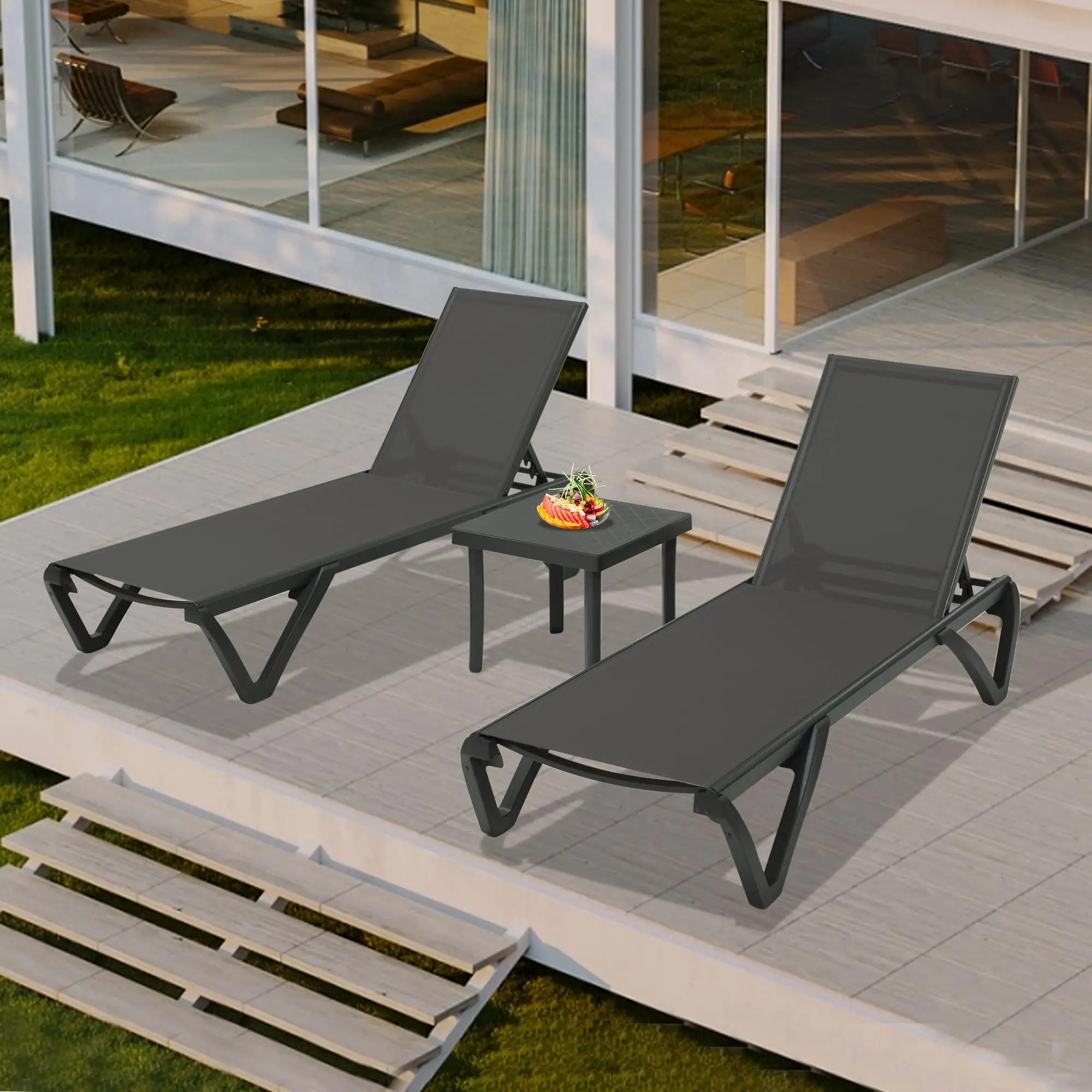 Domi Pool Lounge Chairs, Aluminum Patio Chaise Lounge with Side Table, 5 Position Adjustable Backrest and Wheels, All