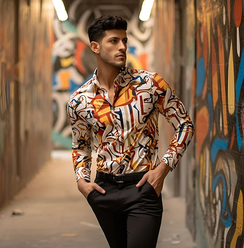 

Retro Casual Shirts for Men Fashion Print Hawaiian Shirt Men Four Seasons Often Wear Thin Section Long-sleeved Shirt