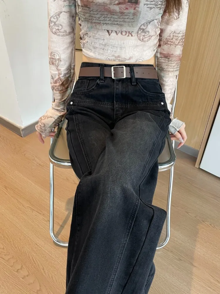 

High Waist Wide Leg Fce Lined Loose Fit Floor Length Jeans Women's Autumn Winter Slimming Straight Cut Trousers