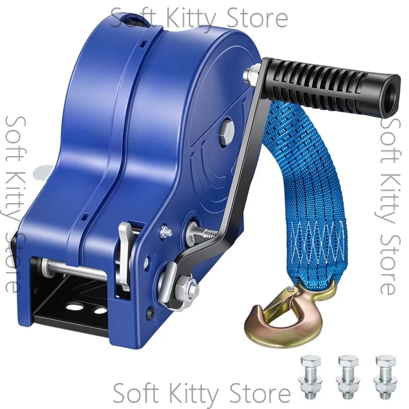 3500 lbs Hand Boat Winch Manual Rope Crank with 20ft Polyester Strap Portable Two-Way Ratchet for Trailer ATV Towing