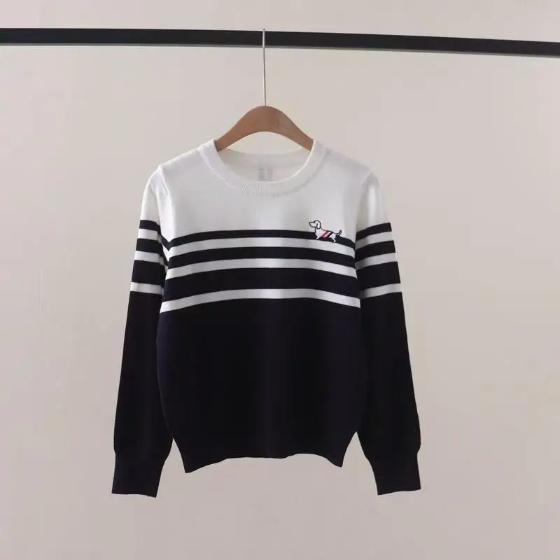 Autumn New Striped Color-block Crew Neck Pullover Puppy Embroidery Long-sleeved Knitted Sweater Women Golf Wear Korean Jumpers