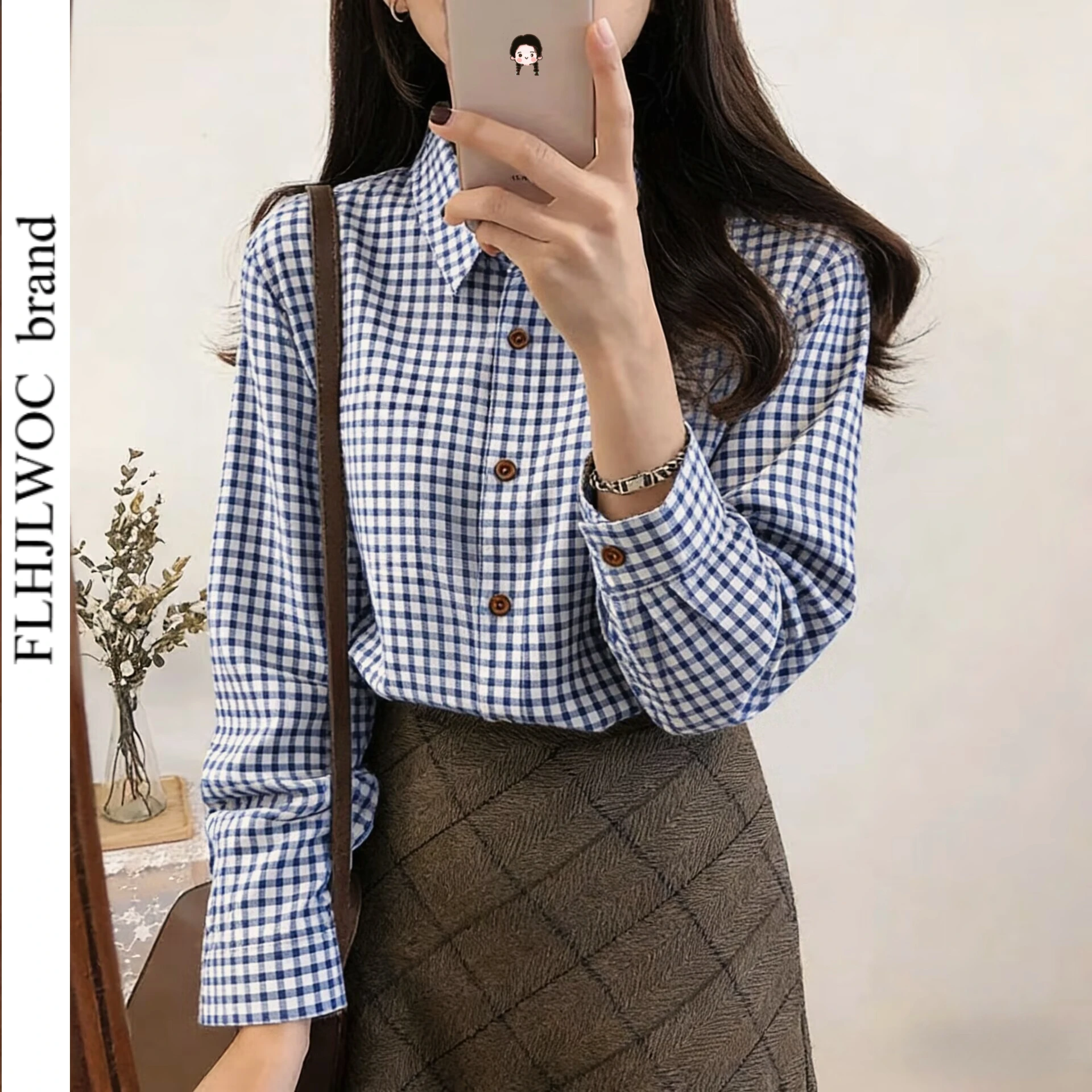 

Cotton Blends Tops Blouses New Woman 2026 Cute Japanese Style Preppy Girls Long Sleeve Casual Button Retro Vintage Plaid Shirts