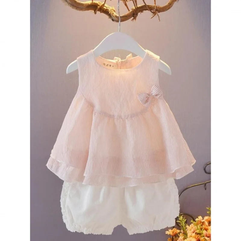

Trendy girls' summer outfit, new sleeveless stylish two-piece set for children, thin summer clothing for baby girls