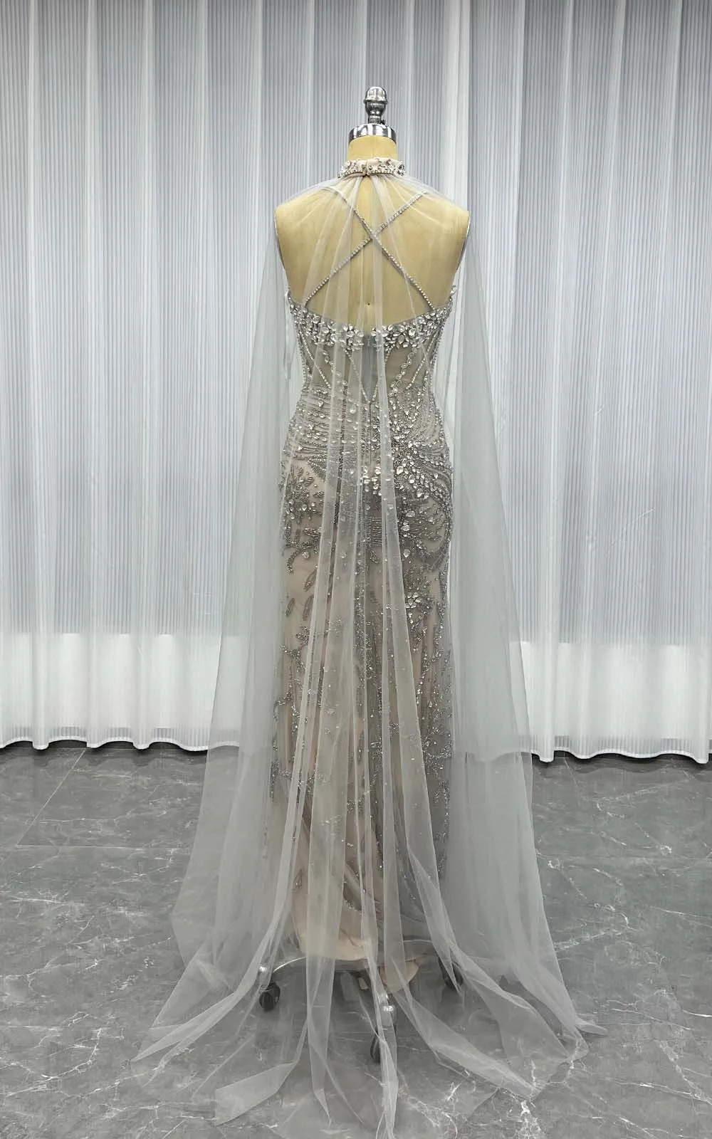 YQLNNE 066 Silver Nude Handmade Crystals Beaded Evening Dresses Formal Party Gown With Shawl