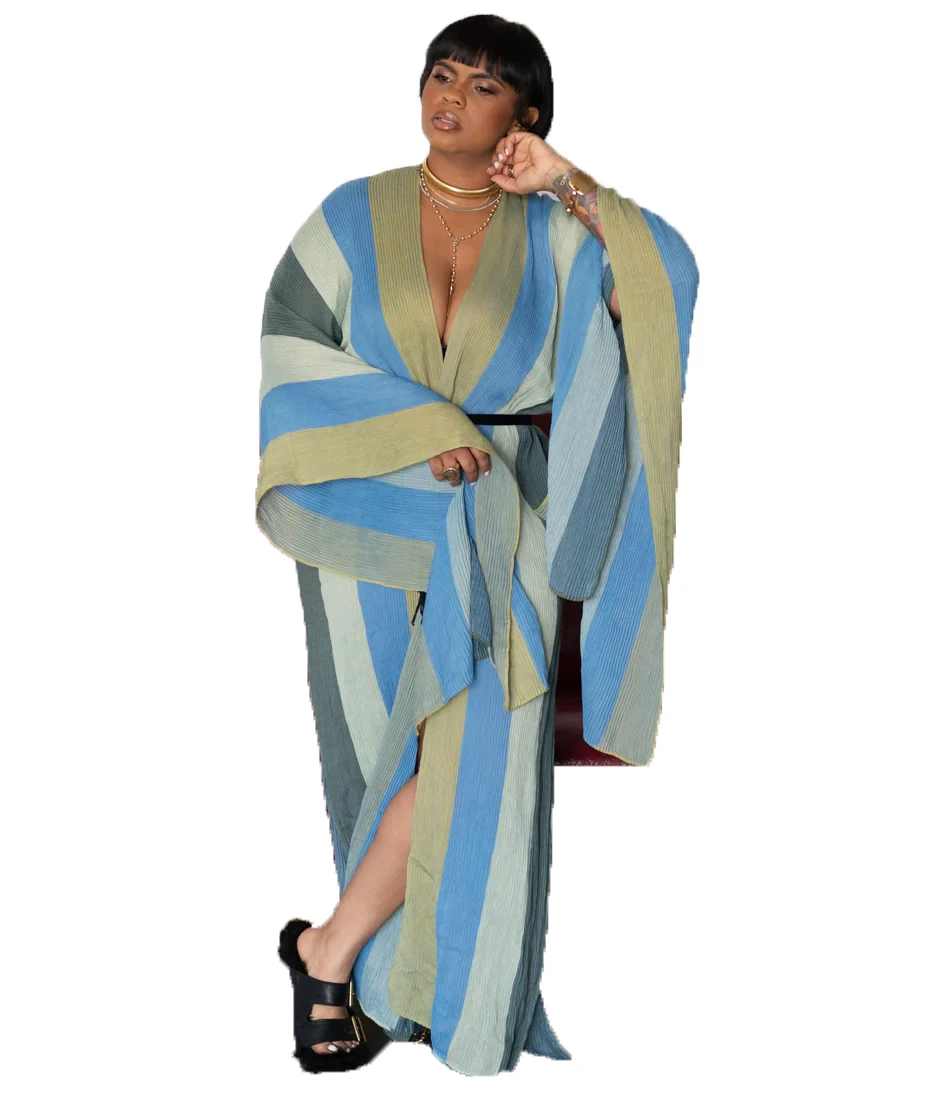 Summer Europe Women Beach Boho Strip Design Open front Kimonos Plus African Lady Streetwear Loose Cardigans Casual Duster Coat