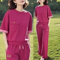 Elegant Short Sleeve Casual Outfit Two-Piece Set for Women Summer New Style Age-Defying Ootd Ensemble Polyester Fiber